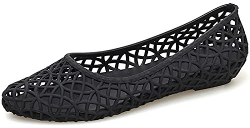 Onsoyours Damen Peep Toe Spitze Flache Sandalen Hohl Gelee Sandalen Bird-Nest Weich Plastik Schuh rutschfeste Beach Sandal Sommer A Schwarz 39 EU