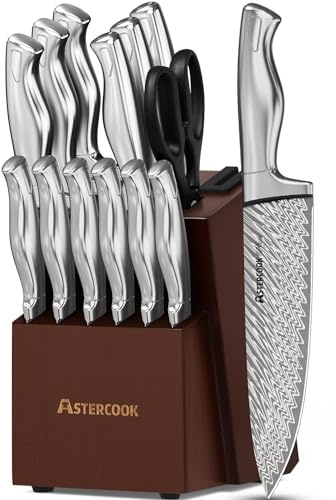 Astercook Messerset, 15-teiliges Küchenmesser-Set mit Block, eingebauter Messerschärfer, Deutscher Edelstahl-Kniederblock-Set, Dishwasher Safe