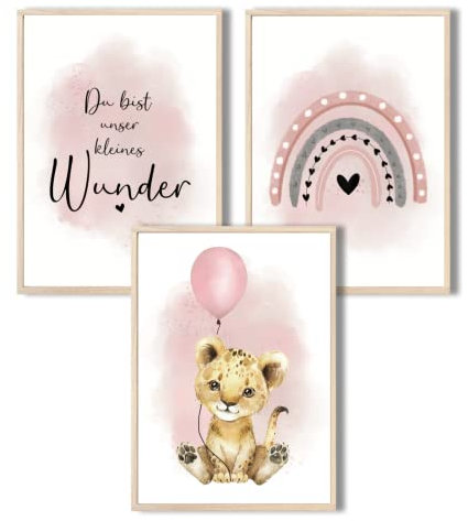 MeinBaby123® I Bilder Kinderzimmer | 3er Set DIN A4 Poster Set | Wandbilder | Kinderzimmer Poster | Deko Bilder Kinderzimmer Mädchen und Jungen | Wandposter Premium (Löwe & Luftballon rosa)
