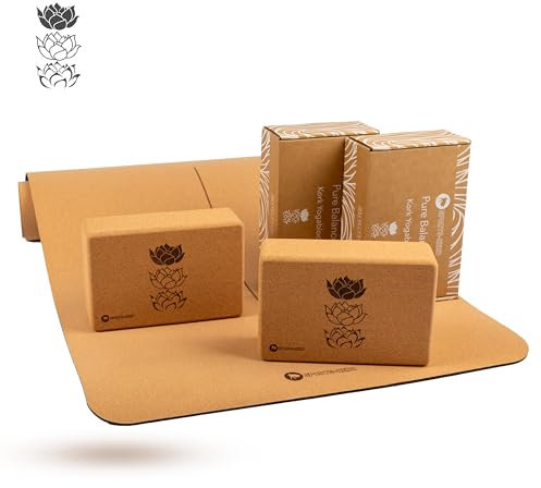 SPORTS-HERO® - 3er Yogaset - Yogamatte Kork - Yoga Matte Kork rutschfest - 2x Yogablock aus Naturkork für Yoga/Pilates - 100% nachhaltig & schadstofffrei