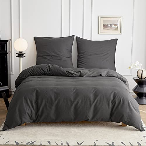 Simple&Opulence Halbleinen Bettwäsche 155x220, Atmungsaktiver Bettbezug Set aus Baumwolle und Leinen mit 80x80 cm Kissenbezug,Oeko-TEX Sommerbettwäsche,Anthrazit