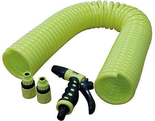 Amig - Manguera - Tipo Helicoidal en Espiral - 15 m - Incluye 4 Accesorios - Con Pistola de Riego, Adaptador de Grifo y 2 Empalmes Rápidos - Goma Eva - Verde Pistacho