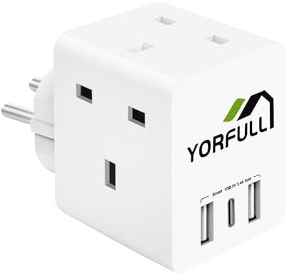 UK to European Plug Adapter with 3 USB Ports and 1 USB C, European Travel Adapter Plug Extender,Grounded European Plug Adapter