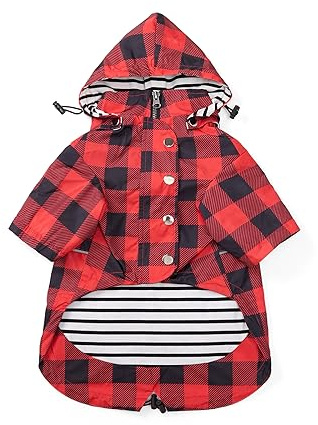 MOREZI Imperméable pour Chien, avec Boutons et Fermetures éclair réfléchissants, imperméable/Pluie, Cordon de Serrage réglable, Capuche Amovible-Rouge à Carreaux-L