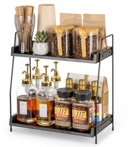 ANBOXIT Kaffee Organizer, Küchen Organizer Holz, Küchenregal Arbeitsplatte, 2 Tier Kaffeebar Regal für Küche, Zuhause, Büro - Schwarz