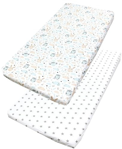 TupTam Baby Spannbettlaken Kinder Spannbetttuch für Babybett Kinderbett 2er Pack, Farbe: Eule Hase Beige/Graue Sterne Weiß, Größe: 60 x 120 cm