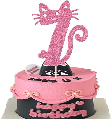 1 Stück Katze 7th Tortendeko Sieben Geburtstag Kuchen Deko Glitzer Niedliches Kätzchen Cake Topper für Katze Thema Baby Dusche Kinder 7 Jahre alt Geburtstag Hochzeit Party Kuchen Dekorationen Rosa