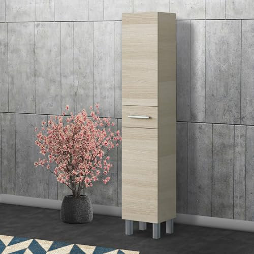 Dmora - Armoire à colonnes Wilmington, Élément Mural de Salle de Bain avec 2 Portes et 1 tiroir, Armoire Haute, 35x31h182 cm, Chêne