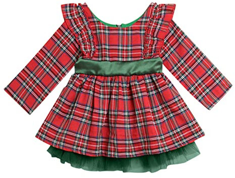 Kleinkind Weihnachten Langarm Spitze Plaid Drucke Prinzessin Kleid Xmas Party Bowknot Tüll Kleider Tischtennis Mädchen (Red, 2-3 Years)
