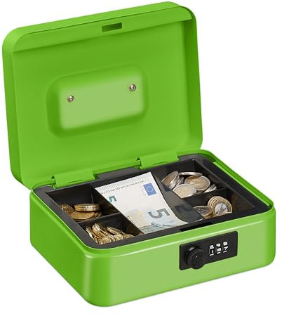 Relaxdays Geldkassette, 3-stellige Zahlenkombination, Münzeinsatz, Geldkasten Eisen, Kasse, HBT 8,5x20x17 cm, grün