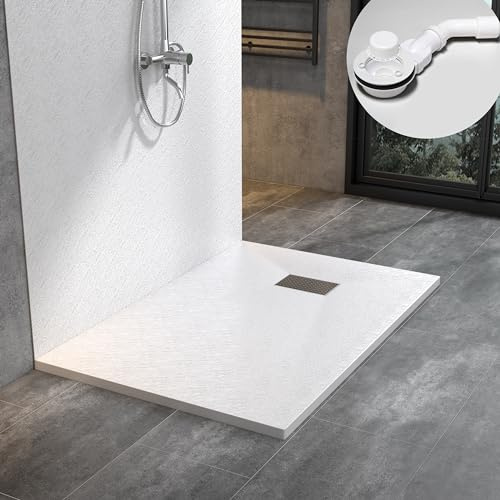 WITEN&NOCK SMC Duschwanne 90x70cm weiß Höhe 3,2cm inkl. Ø90mm Siphon | SMC Duschtasse extra flache Steinoptik Antirutsch inkl. Edelstahl Abdeckung, zuschneidbar