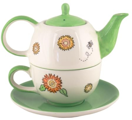 Mila Keramik Tee Set Tea for One Sunny Sunflowers Kanne ca. 400ml & Tasse ca. 250ml mit Untere Sonnenblumen Bienen zum Genießen und als Geschenk zum Schöpfen von Zuversicht und innerem Wohlbefinden