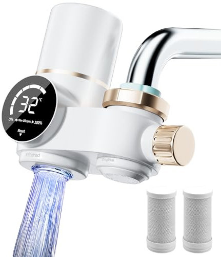 Filtre à Eau du Robinet avec Affichage Digital, comprend 2 Cartouche, Filtre à eau pour robinet de cuisine, Filtre Robinet Anti Calcaire, Enlève Impuretés, Chlore pour Cuisine (Filtre à Eau)