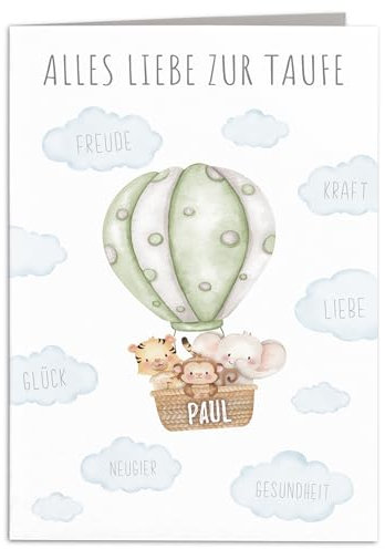 Taufkarte Mädchen Junge personalisiertes Taufgeschenk Heißluftballon Karte Taufe Geschenk Klappkarte mit Umschlag 10,5 x 14,8 cm (Grün)