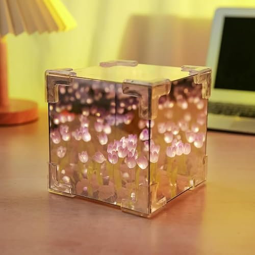 Begonia DIY Tulpen Nachtlicht Tulpe Lampe, 10 x 10cm Tulpen Lampe, LED Tulpenspiegel Nachtlicht, Tulpenwürfel Blumen Lampe, Spiegel Blumenlampe für Schlafzimmer Heim Dekoration