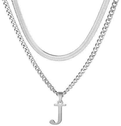 Buchstaben Halskette Herren, Edelstahl Silber kubanische Kette verstellbare Schlange Kette mit A-Z Letter Anhänger Geschichtet Halskette für Männer Papa Freund Geburtstag Vatertag Weihnachtsgesc (J)