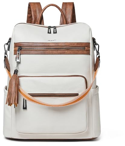 Shrrie Zaino per computer portatile da donna, 39 cm, alla moda, in pelle, impermeabile, stile casual, Beige Con Marrone, 15.6inch, Zaini Daypack