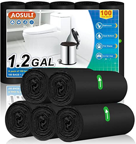 AOSULI Kleine Müllbeutel 5L Schwarz Müllsäcke 100 Stück Abfallsäcke Geeignet für Badezimmer,Küche,Büro