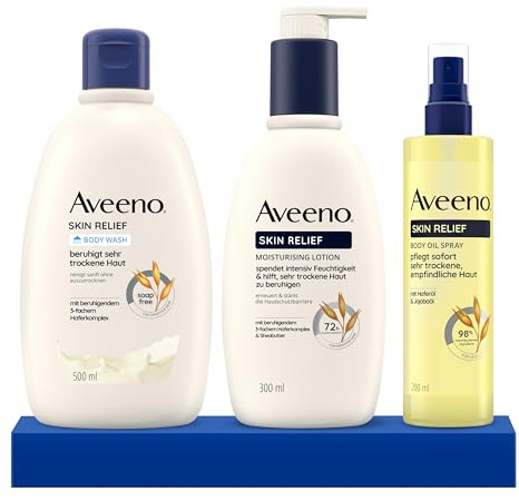 Aveeno Komplett-Pflege-Set: Aveeno Skin Relief Bodylotion, Veganes Duschgel und Körperöl-Spray mit beruhigendem 3-fachem Haferkomplex und Haferöl für sehr trockene, empfindliche Haut