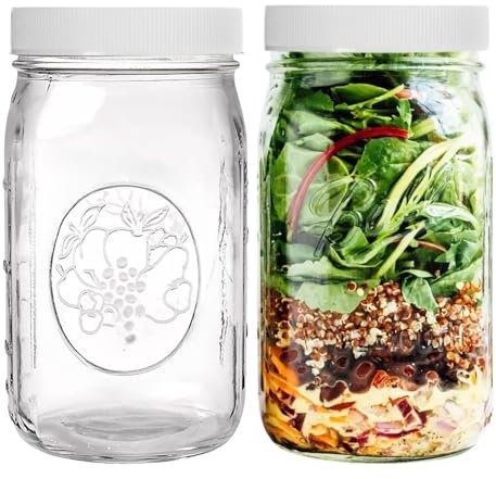 Wide Mouth Mason Jars 32 oz – 2 Pack Quart Size Jars with Airtight Lids and Bands & White Plastic Lid, Ideal for Meal Prep, Canning, Fermenting and DIY Projects, Microwave & Dishwasher Safe.