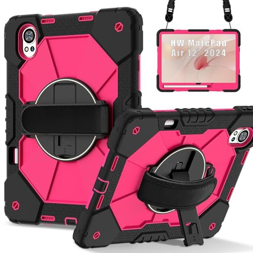 YOUDUOYOUB Funda para Tableta Compatible with Huawei MatePad Air 12 Inch 2024 Tablet Case Full Protective Shockproof Case, Case with Pencil Holder&Rotating Multi-Function Grip Bracket(Black+Rose)