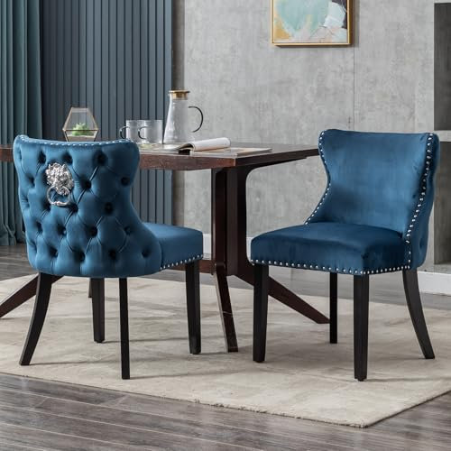 Ya-Home Esszimmerstühle 2er Set Samt, Küchenstühle mit Löwenring-Zuggriff Polsterstuhl Holzbeinen für Esszimmer, Küche,Blau