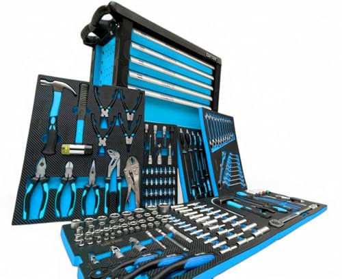 DeTec. Werkstattwagen befüllt mit Werkzeug | 6 von 6 Schubladen gefüllt | Werkzeugwagen Carbon Optik Einleger | Werkzeugkasten bestückt Blue Edition Extended