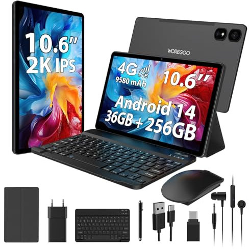 WOREGOO 10.6 Pulgadas Android 14 Tablet, 4G LTE y 5G WiFi, 2.0GHz Octa-Core, 36GB RAM+256GB ROM (1TB TF), 2K 2000x1200 FHD Display, GMS/GPS/8+13MP/Batería 9580mAh con Teclado+Ratón (Negro)