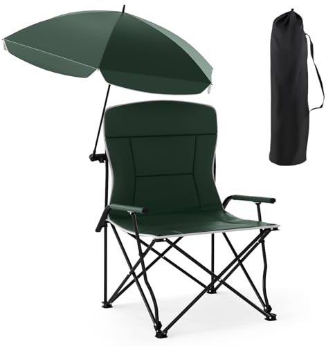 GYMAX Silla de Camping Plegable con Sombrilla Ajustable, Sillón de Playa Portátil con Reposabrazos Acolchados y Cojín para Picnic, Pesca, Camping, Viajes, Jardín, Capacidad de Peso 150 kg, Verde