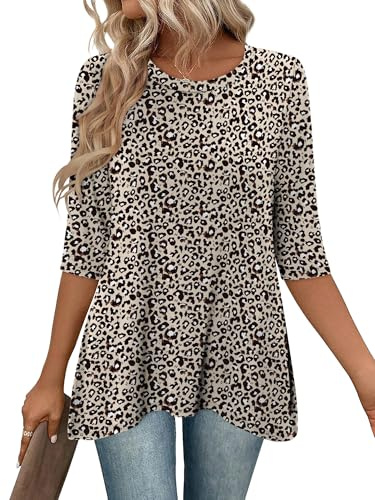 KISSMODA Womens Tunic Tops 3/4 Long Sleeve Loose Fit Casual Blouses Ladies Dressy Longline Round Neck Tunic Shirts for Leggings