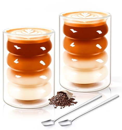 SILRIVES Doppelwandige Kaffeegläser Latte Macchiato Gläser 350ml 2er | Thermogläser Doppelwandig aus Borosilikatglas,2 Löffel,Doppelwandige Gläser Für Cappuccino,Eiskaffee,Frappe, Matcha &Tee