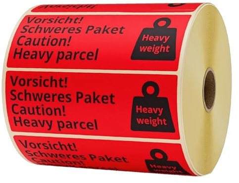 Labelident Warnetiketten 105 x 37 mm - Paket Aufkleber Vorsicht! Schweres Paket Caution! Heavy parcel - 1.000 Versandaufkleber auf 1 Rollen, Versandetiketten selbstklebend
