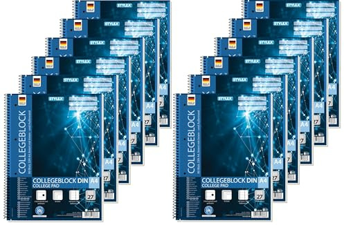 Stylex 43888-P12 - Collegeblock liniert, 12 Stück in DIN A4, je 80 Blatt mit 60 g/m² mit Spiralbindung