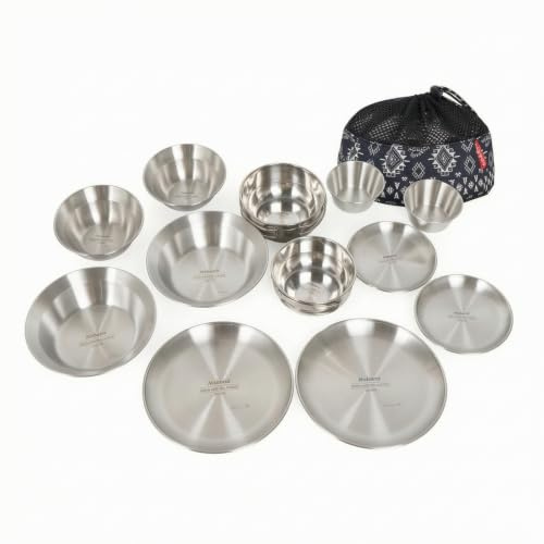 Jinhxofs 12 Pièces Service Table en INOX Empilable Vaisselle Réutilisable Compact Assiettes et Bols pour Familles