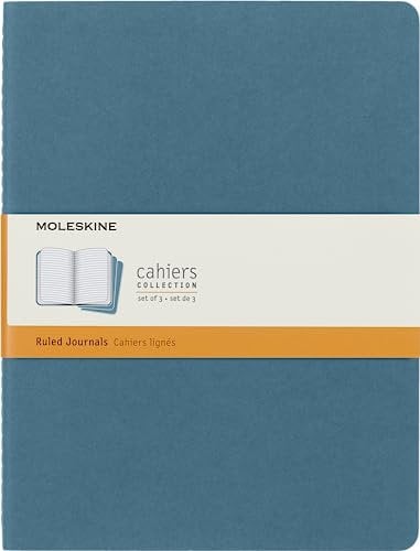 Moleskine, Cahier Journal, Set mit 3 Notizbüchern mit linierten Seiten, Kartonumschlag und sichtbaren Baumwollstichen, Blau, Sehr großes Format 19 x 25 cm, 120 Seiten