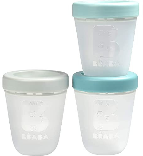 BÉABA - Set 3 pots de conservation lait maternel, Silicone, Empilables et emboitables, Conservation, Congélation, Décongélation, Passent au micro-onde, Graduées, 100% Hermétiques, 200ml, Motif Jungle