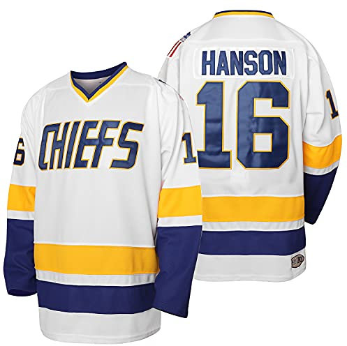 Herren Hanson Brother 16 Jack 17 Steve 18 Jeff Charlestown Chiefs Stitched Movie Hockey Trikots, 16 Weiß, 3X-Groß
