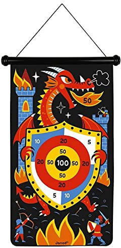 Janod - Magnetisches Dartspiel mit dem Thema Drachen und Ritter - Vorderseite/Rückseite Geschicklichkeitsspiel Fördert Wendigkeit und Konzentration 6 Darts - Ab 4 Jahren, J02084