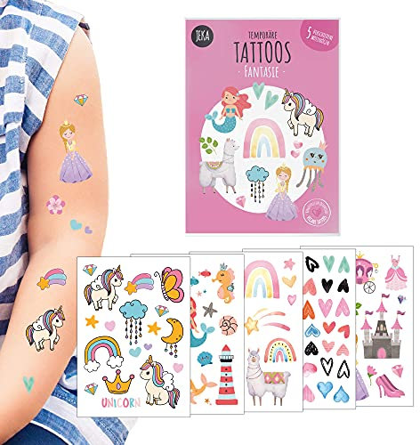 Hautfreundliche Kindertattoos zum Aufkleben - Motiv Fantasie, Kinder-Tattoo Set mit 5 Bögen, Einhorn Tattoos Kinder, Kindertattoos Mädchen, 100% Vegan und Hergestellt in Österreich, JEKA
