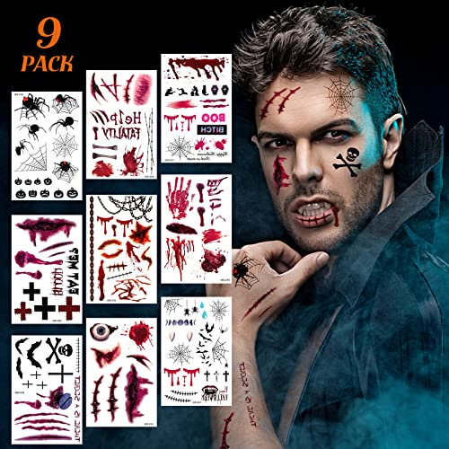 Tattoo Halloween,Narben Tattoo Halloween,9 Blatt Realistisches Motive Verschiedenes Design,Premium Wasserdicht Temporäre Tattoos Aufkleber für Halloween Kostüm Makeup mit Gefälschten Schorf Blut