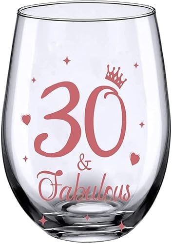JUWNMANT 30th Birthday Gifts, Men and Women Cheers Wine Glasses, 30th Birthday Party Wedding Anniversary Decor Gift, 17oz Stemless (30 and Fabulous)