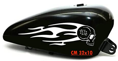Kit 2 adesivi moto serbatoio teschio fiamme skull chopper harley custom vintage cod. 1676 (010 BIANCO, OPACO (matt_opaque))