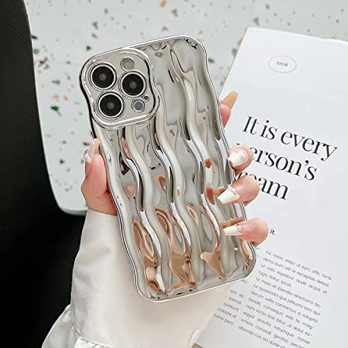 EYZUTAK 3D Water Ripple Pattern Case for iPhone 13 Pro Max 6.7 inch, Solid Color Cute Curly Waves Frame Shape Phone Case Glossy Shockproof Soft TPU Anti-scratch Phone Cover Slim Bumper Case - Silver