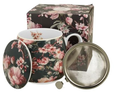 DUO FLORAL Fassbecher 430 ml NOEMI BLACK mit Teesieb, New Bone China Porzellan
