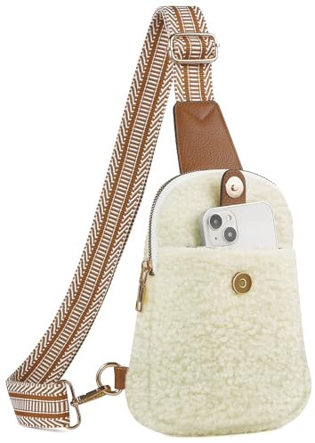 Titosha Kleine Umhängetasche für Damen und Herren, mit verstellbarem Riemen, Mini-Brusttasche, Zwei-Wege-Reißverschluss aus Kunststoff, Sherpa+Beige, modisch
