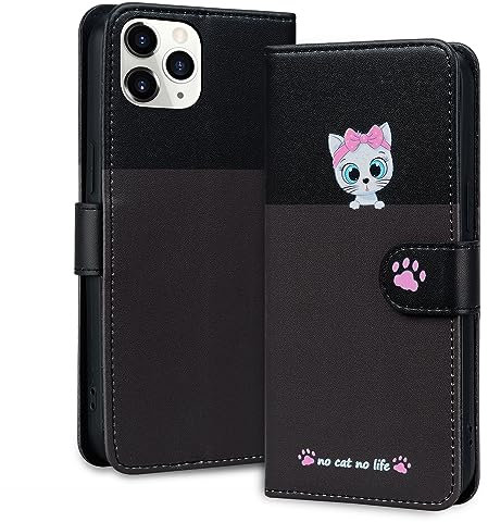 Tiyoo Lovely & Cute Flip Wallet Phone Case for iphone 11 Pro with Cartoon Cat&Dog Pattern,Premium Magnetic PU+TPU Leather for high protection phone cover for iphone11Pro(Dark Gray&Black)