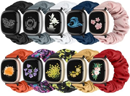 Acortjl 10 Stück kompatibel mit Fitbit Versa 4/Sense 2/Versa 3/Sense Scrunchie-Band, weiches süßes Muster, bedruckter Stoff, elastisches Solo-Schlaufen-Ersatzarmband für Damen