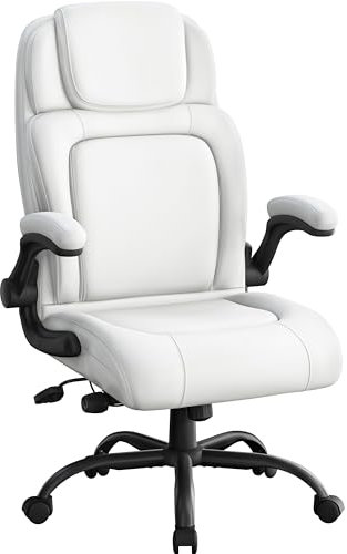 Yaheetech Ergonomischer Bürostuhl, Chefsessel mit hochklappbarer Armlehne, Schreibtischstuhl Drehstuhl mit hoher Rückenlehne, Computerstuhl Wippfunktion, Kunstleder höhenverstellbar Weiß