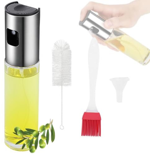 SHUNCHG 100ml Freidora de Aire Pulverizador Aceite Spray con Cepillo y Embudo Acero Inoxidable Transparente Vidrio Botella Dispensadora de Aceite para Hornear, BBQ, Cocinar