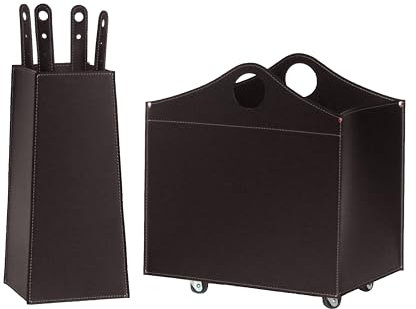 LIMAC Design BOCAD Kaminzubehör-Set aus Leder, Kaminbesteck, bestehend aus Kaminholzhalter undTasche für Kamingarnitur aus 4 Teilen, Hergestellt in Italien. Dunkelbraun